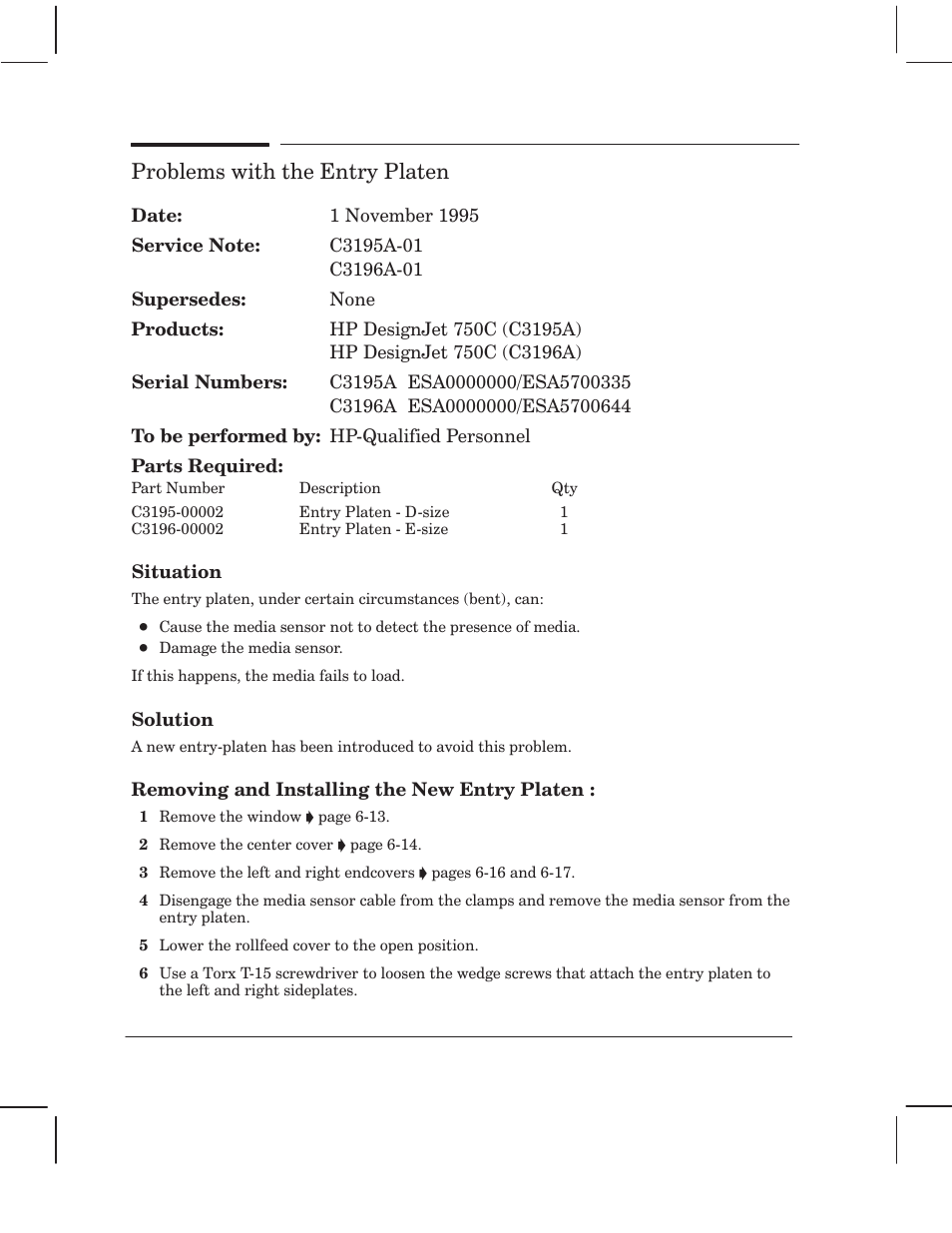 Problems with the entry platen | HP 750 User Manual | Page 208 / 288