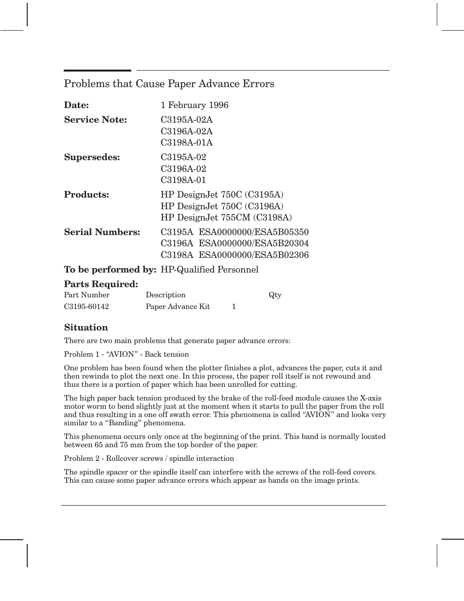 Problems that cause paper advance errors | HP 750 User Manual | Page 210 / 288