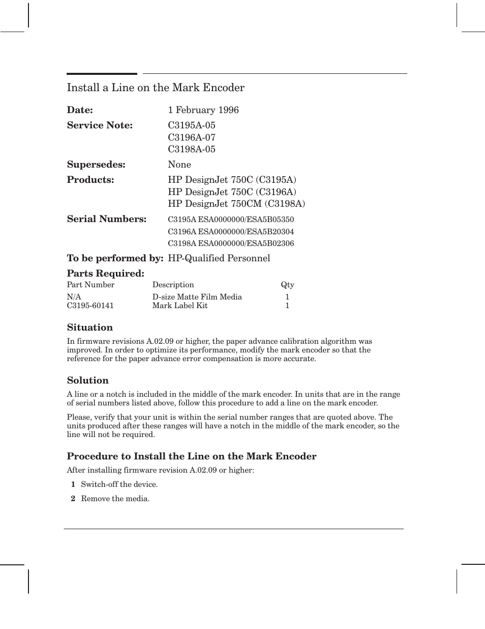 Install a line on the mark encoder | HP 750 User Manual | Page 216 / 288