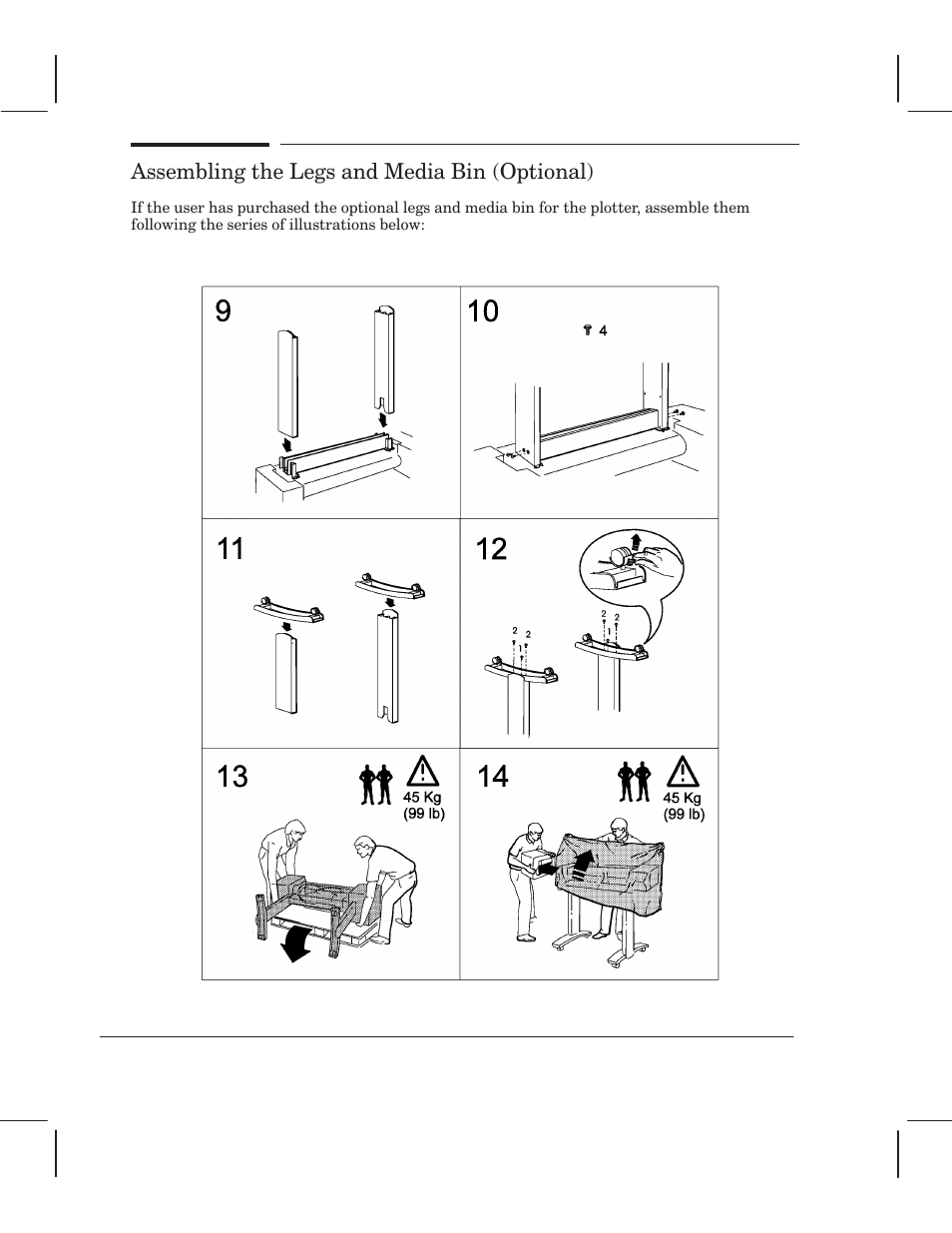 Assembling the legs and media bin (optional) | HP 750 User Manual | Page 28 / 288