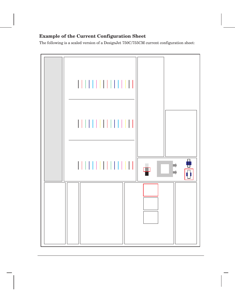 Hp designjet 750c/ps printer current configuration, Example of the current configuration sheet | HP 750 User Manual | Page 35 / 288