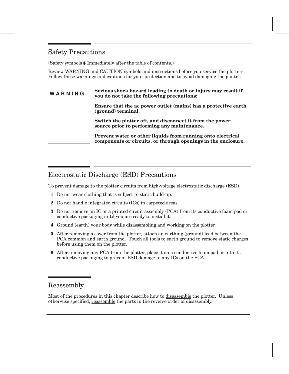 Safety precautions, Electrostatic discharge (esd) precautions, Reassembly | HP 750 User Manual | Page 55 / 288