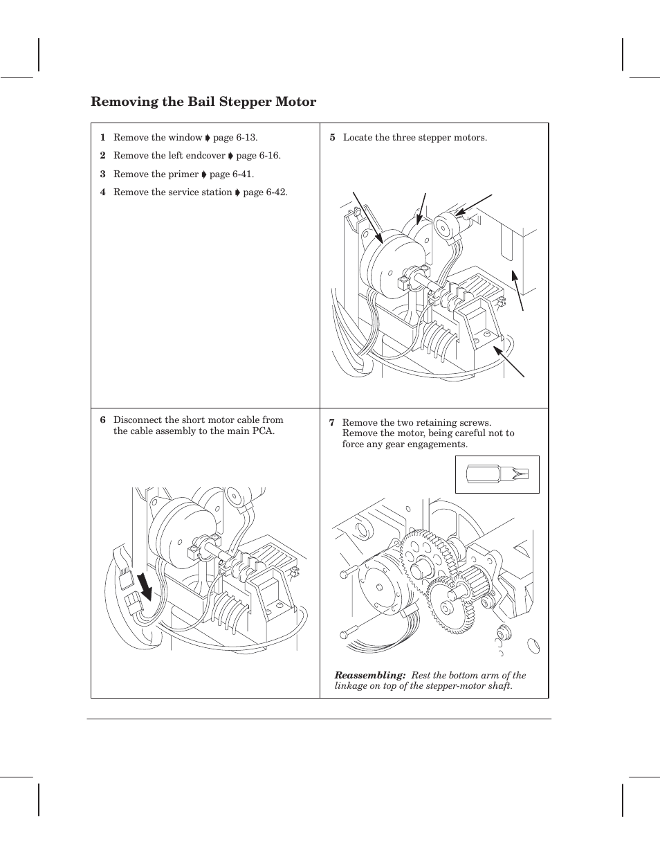 Removing the bail stepper motor | HP 750 User Manual | Page 98 / 288