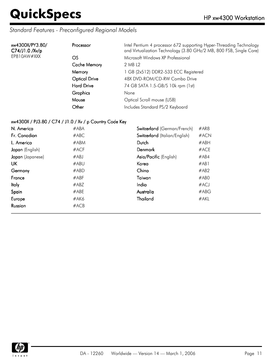 Standard features - preconfigured regional models, Quickspecs, Hp xw4300 workstation | HP XW4300 User Manual | Page 11 / 85