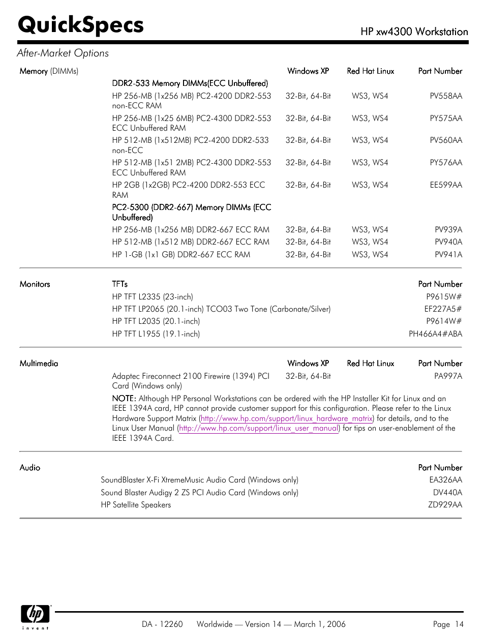 Quickspecs, Hp xw4300 workstation, Hp xw4300 workstation after-market options | HP XW4300 User Manual | Page 14 / 85