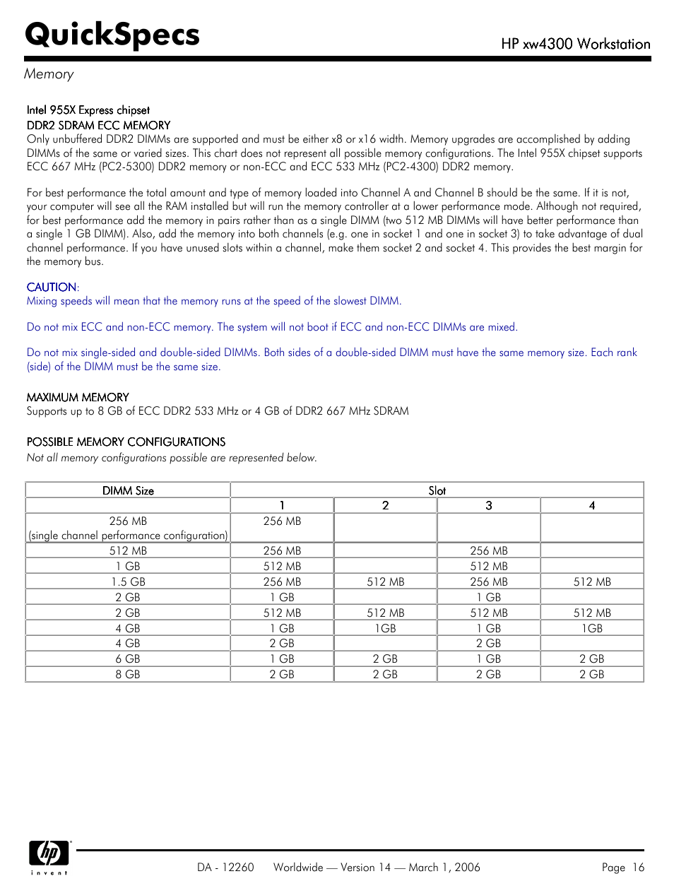 Memory, Quickspecs, Hp xw4300 workstation | HP XW4300 User Manual | Page 16 / 85