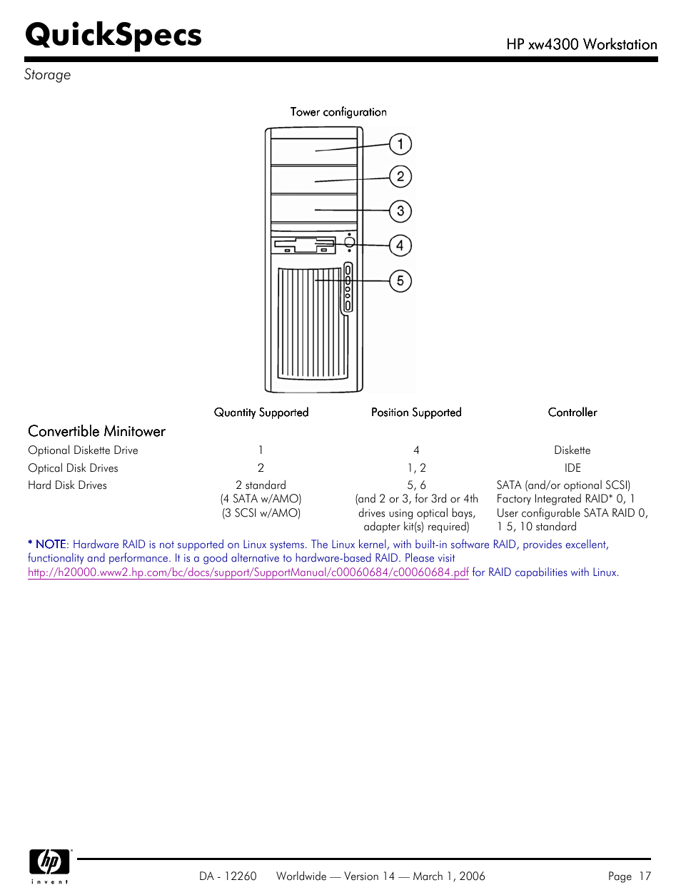 Storage, Quickspecs, Convertible minitower | Hp xw4300 workstation, Hp xw4300 workstation storage | HP XW4300 User Manual | Page 17 / 85