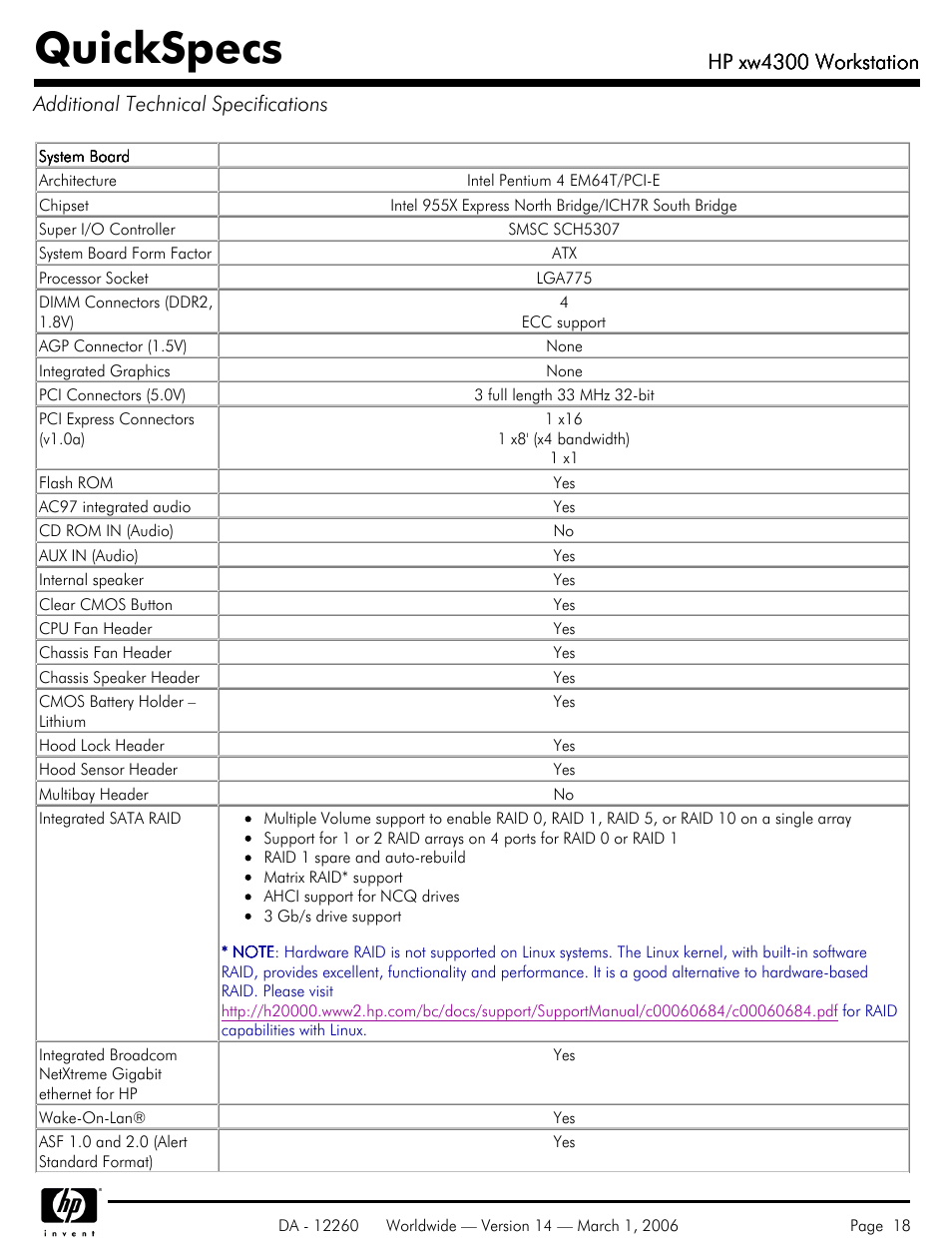 Additional technical specifications, Quickspecs, Hp xw4300 workstation | HP XW4300 User Manual | Page 18 / 85