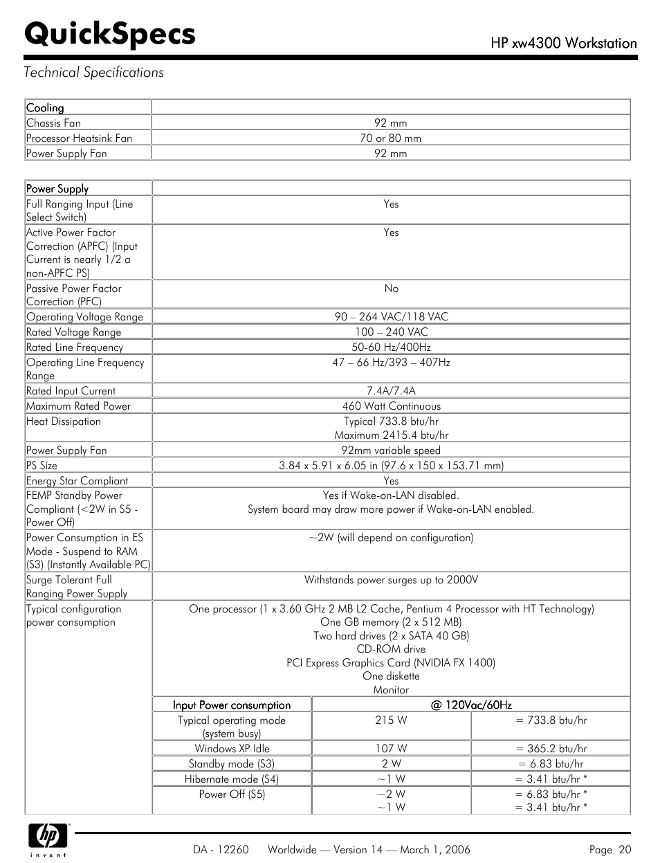 Technical specifications, Quickspecs, Hp xw4300 workstation | Hp xw4300 workstation technical specifications | HP XW4300 User Manual | Page 20 / 85