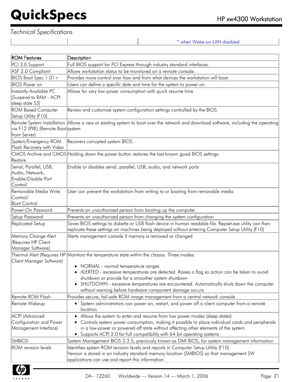 Quickspecs, Hp xw4300 workstation, Hp xw4300 workstation technical specifications | HP XW4300 User Manual | Page 21 / 85