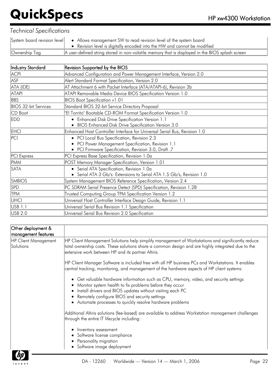 Quickspecs, Hp xw4300 workstation, Hp xw4300 workstation technical specifications | HP XW4300 User Manual | Page 22 / 85