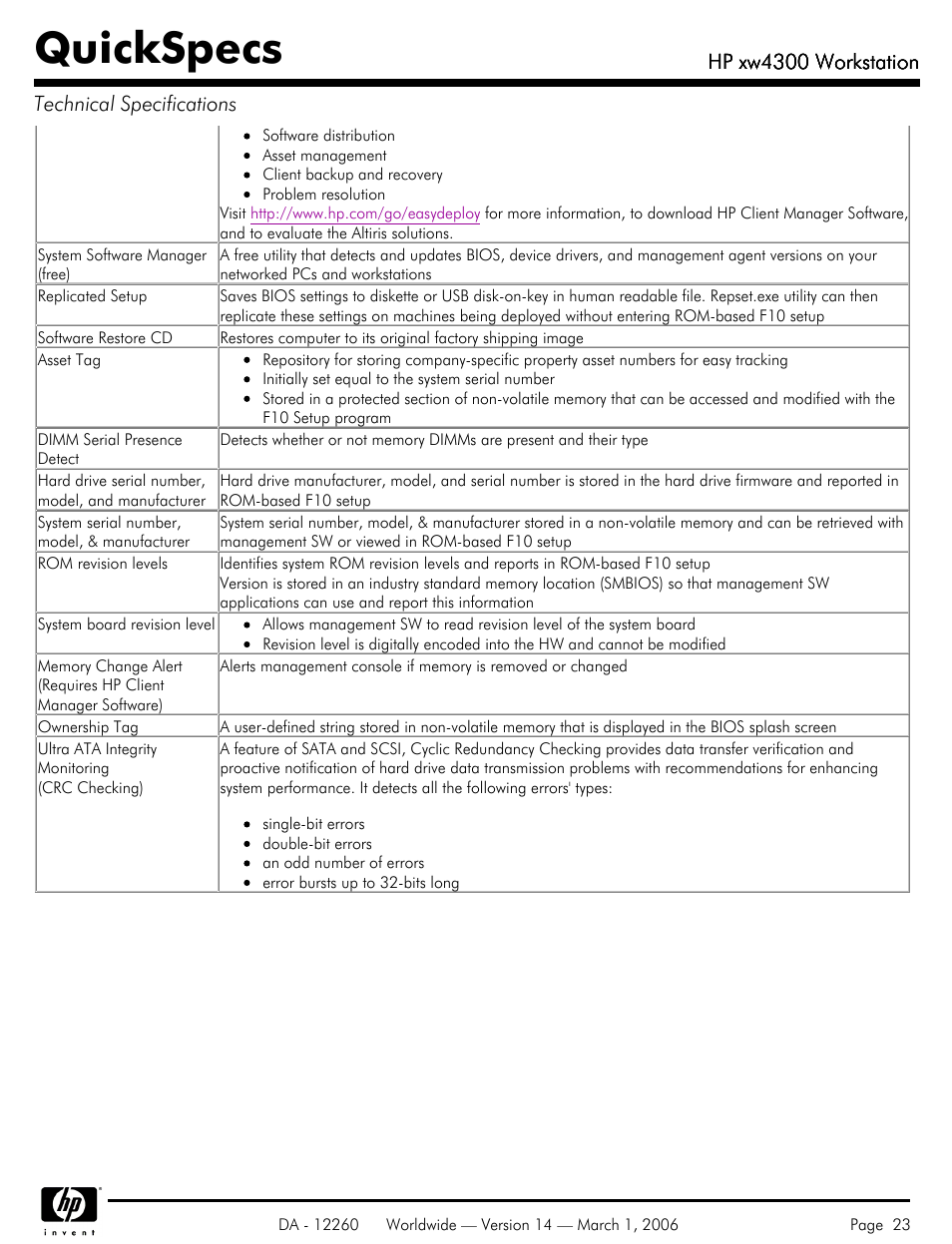 Quickspecs, Hp xw4300 workstation, Hp xw4300 workstation technical specifications | HP XW4300 User Manual | Page 23 / 85