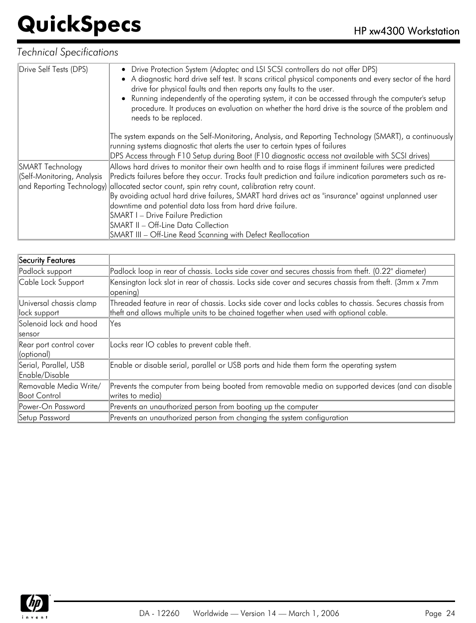 Quickspecs, Hp xw4300 workstation, Hp xw4300 workstation technical specifications | HP XW4300 User Manual | Page 24 / 85