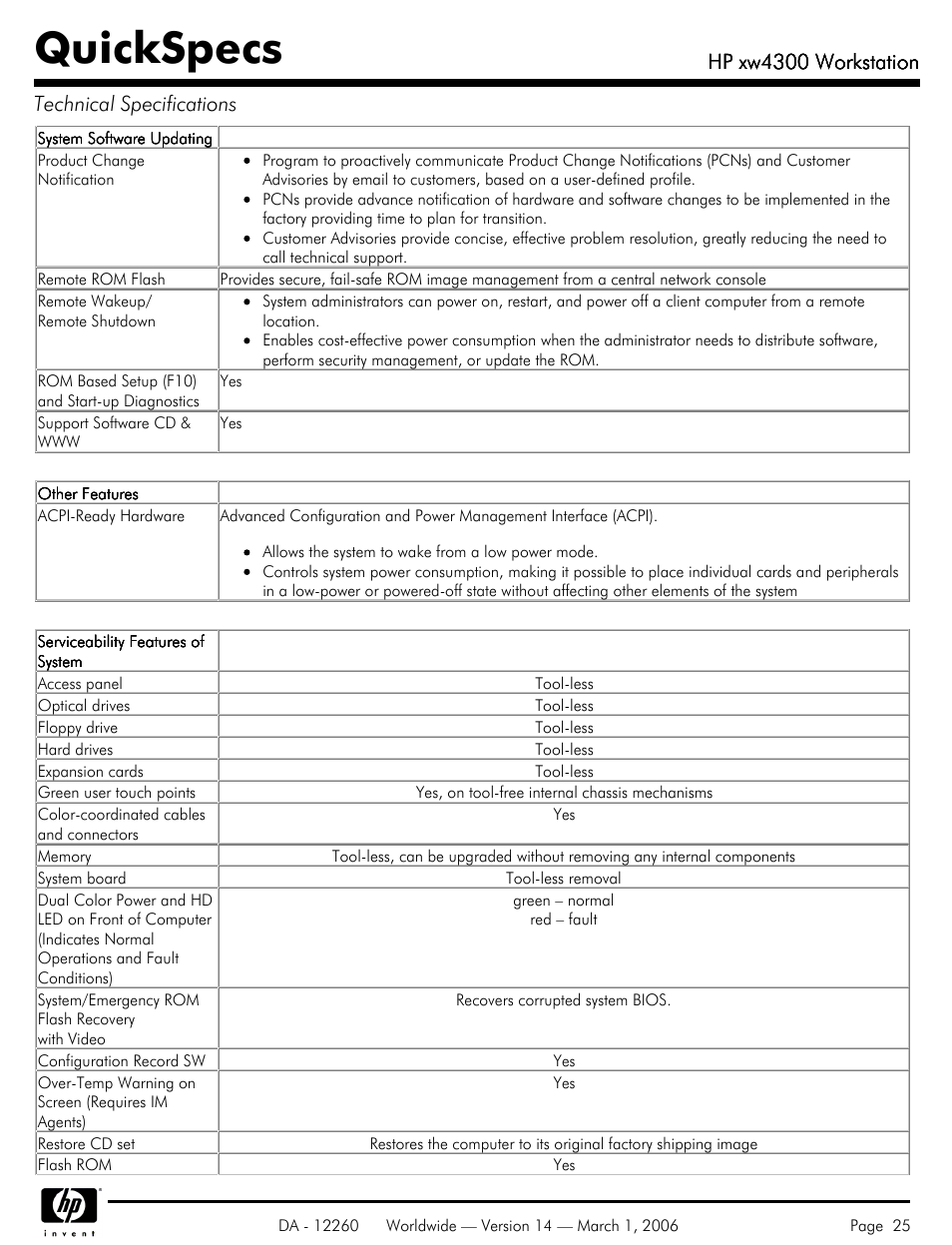 Quickspecs, Hp xw4300 workstation, Hp xw4300 workstation technical specifications | HP XW4300 User Manual | Page 25 / 85