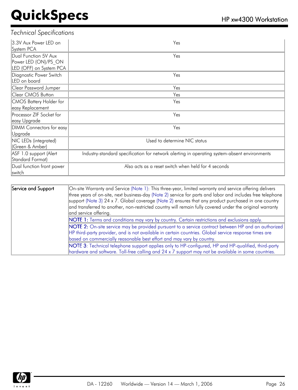 Quickspecs, Hp xw4300 workstation, Hp xw4300 workstation technical specifications | HP XW4300 User Manual | Page 26 / 85