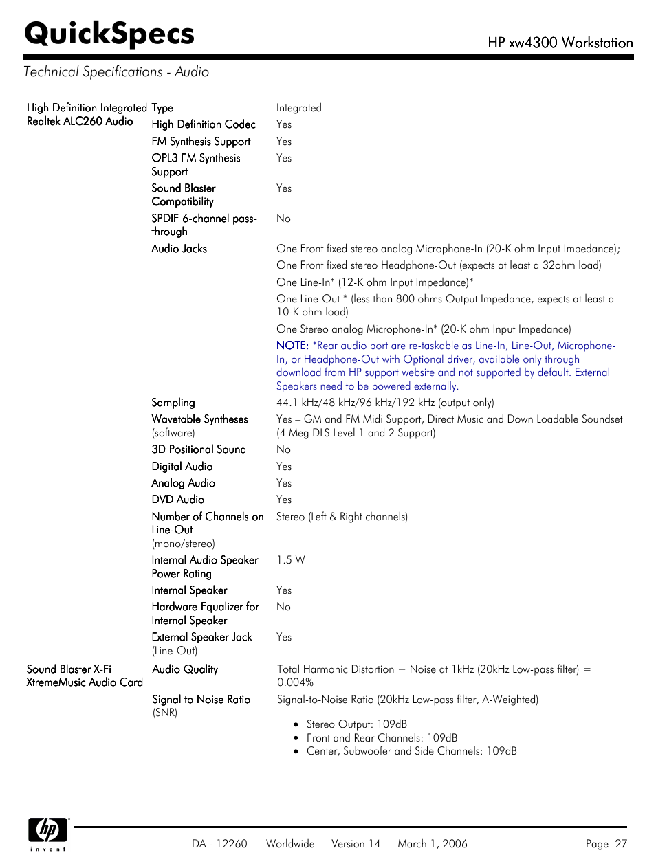 Technical specifications - audio, Quickspecs, Hp xw4300 workstation | HP XW4300 User Manual | Page 27 / 85