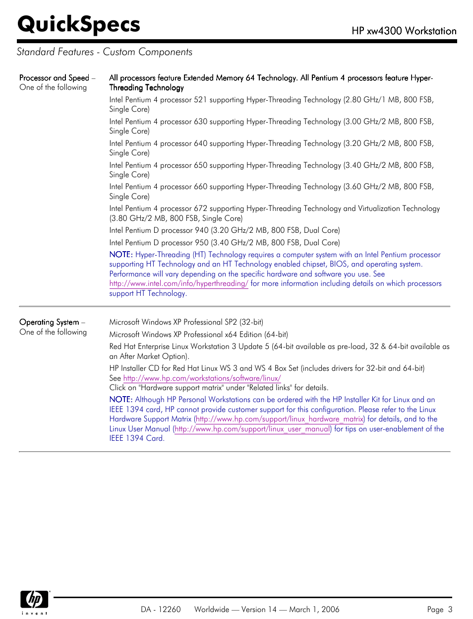 Standard features - custom components, Quickspecs, Hp xw4300 workstation | HP XW4300 User Manual | Page 3 / 85