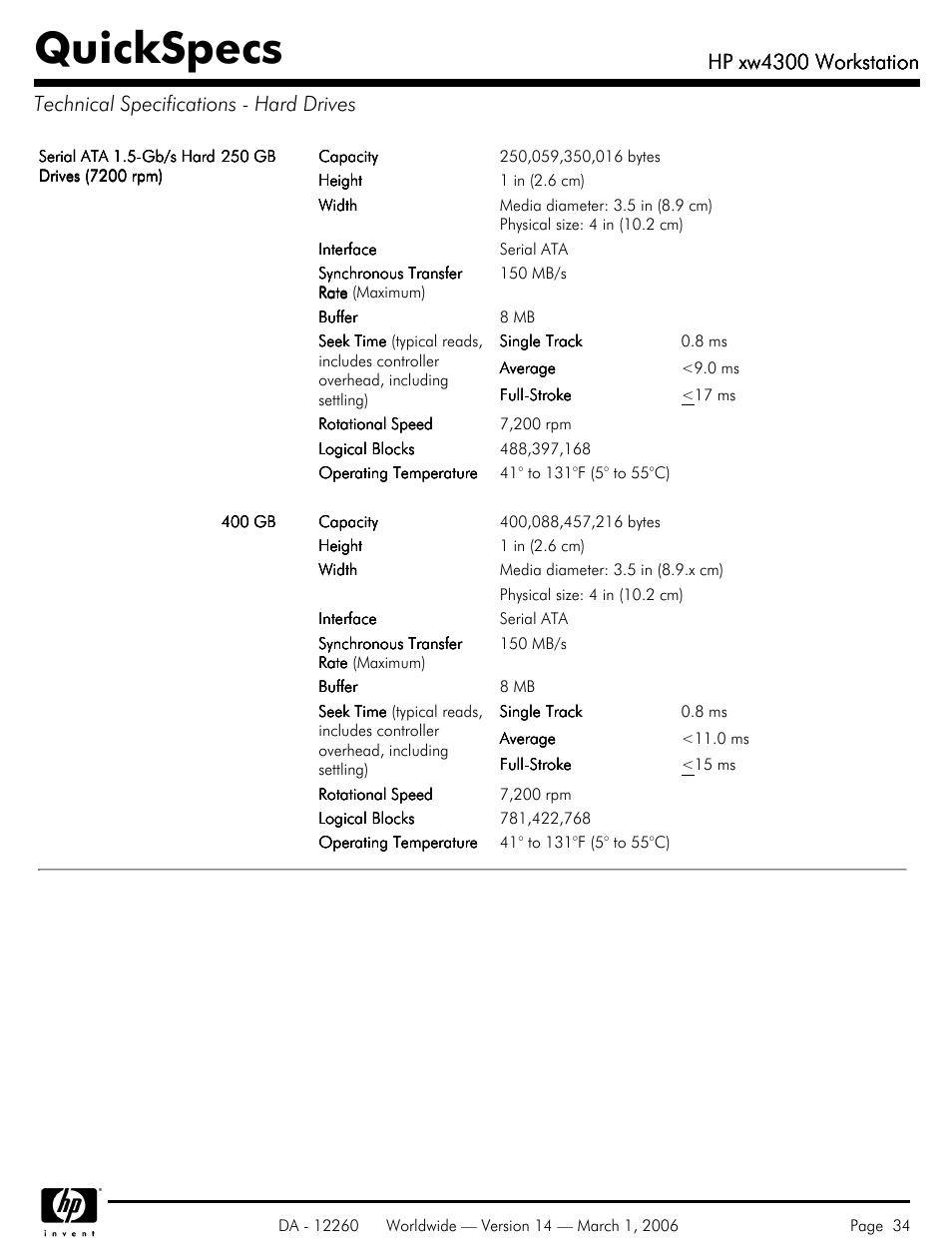 Technical specifications - hard drives, Quickspecs, Hp xw4300 workstation | HP XW4300 User Manual | Page 34 / 85