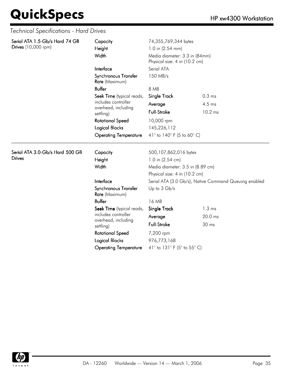 Quickspecs, Hp xw4300 workstation | HP XW4300 User Manual | Page 35 / 85