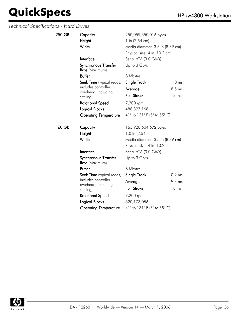 Quickspecs, Hp xw4300 workstation | HP XW4300 User Manual | Page 36 / 85