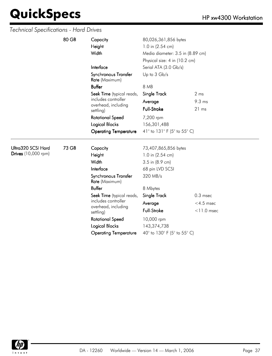 Quickspecs, Hp xw4300 workstation | HP XW4300 User Manual | Page 37 / 85