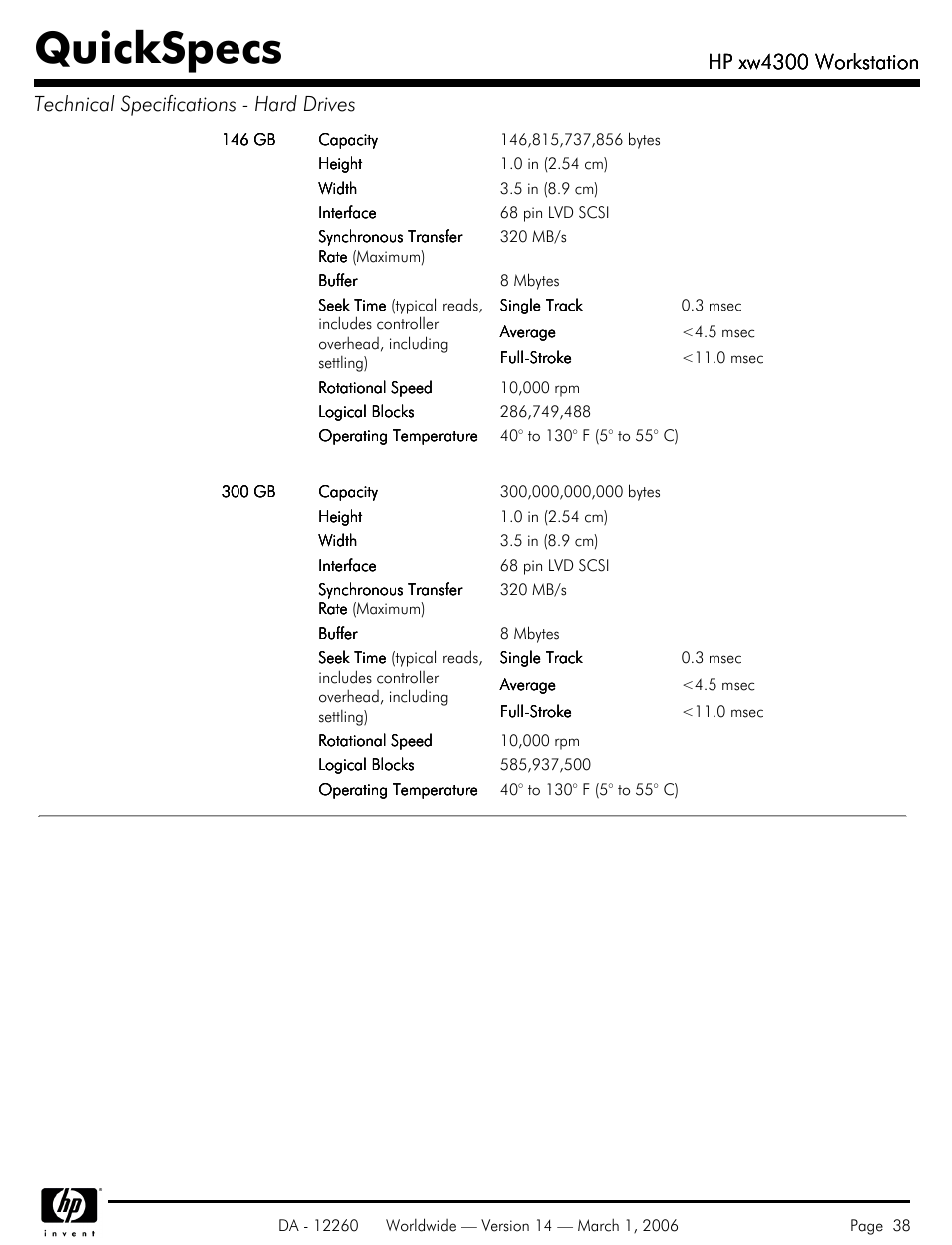 Quickspecs, Hp xw4300 workstation | HP XW4300 User Manual | Page 38 / 85