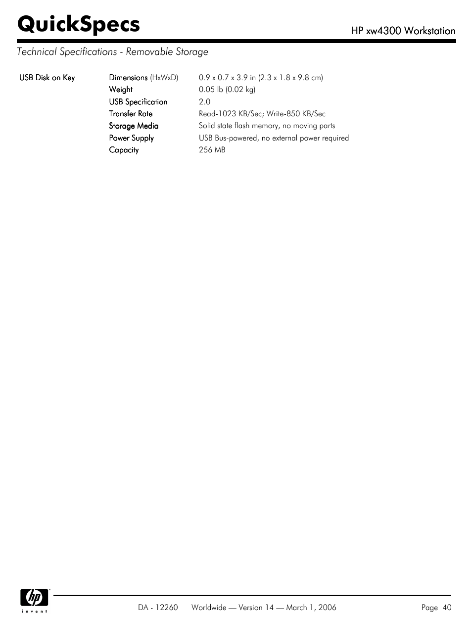 Technical specifications - removable storage, Quickspecs, Hp xw4300 workstation | HP XW4300 User Manual | Page 40 / 85