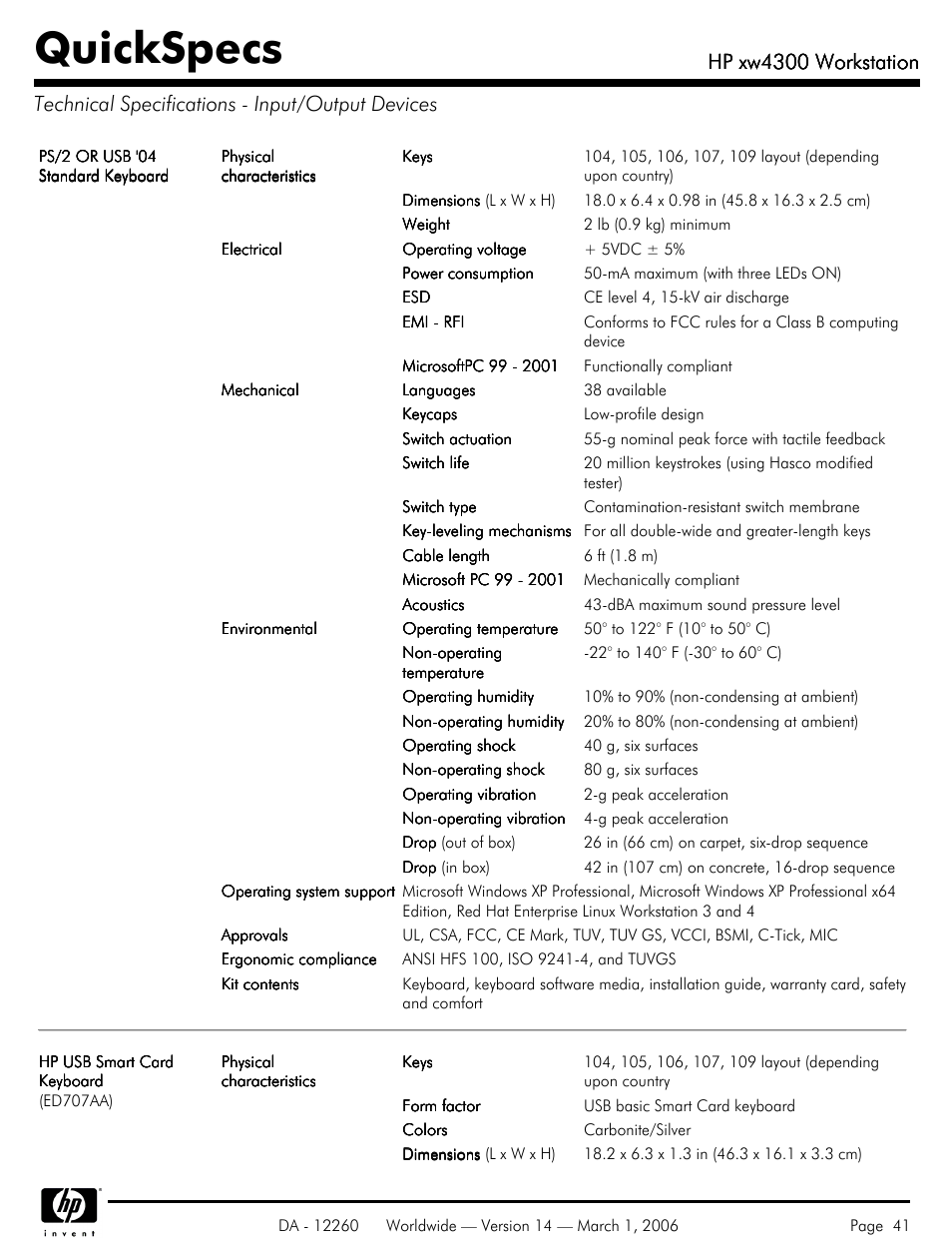 Technical specifications - input/output devices, Quickspecs, Hp xw4300 workstation | HP XW4300 User Manual | Page 41 / 85