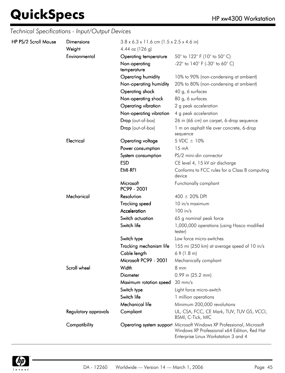 Quickspecs, Hp xw4300 workstation | HP XW4300 User Manual | Page 45 / 85