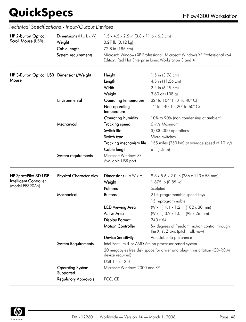 Quickspecs, Hp xw4300 workstation | HP XW4300 User Manual | Page 46 / 85