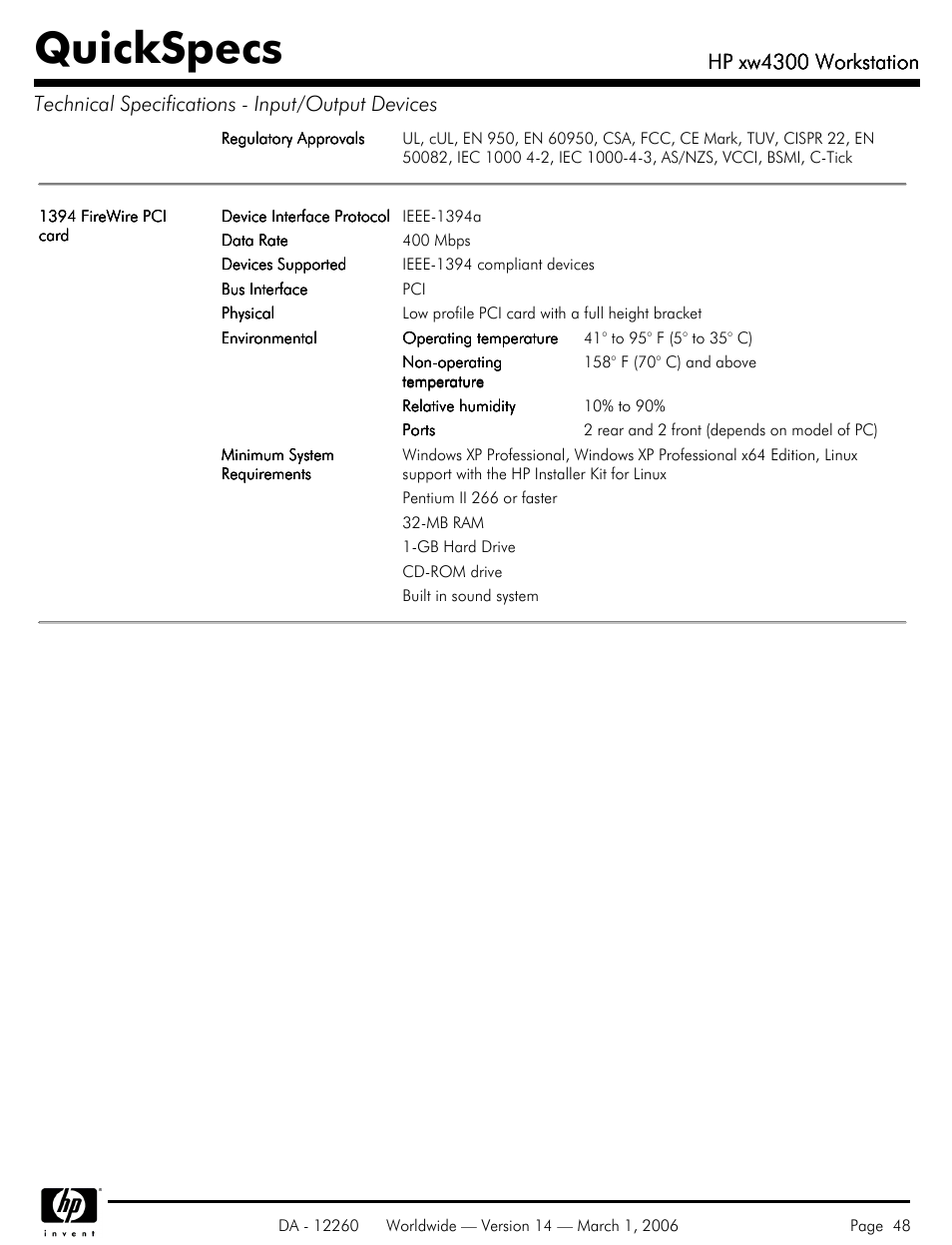 Quickspecs, Hp xw4300 workstation | HP XW4300 User Manual | Page 48 / 85