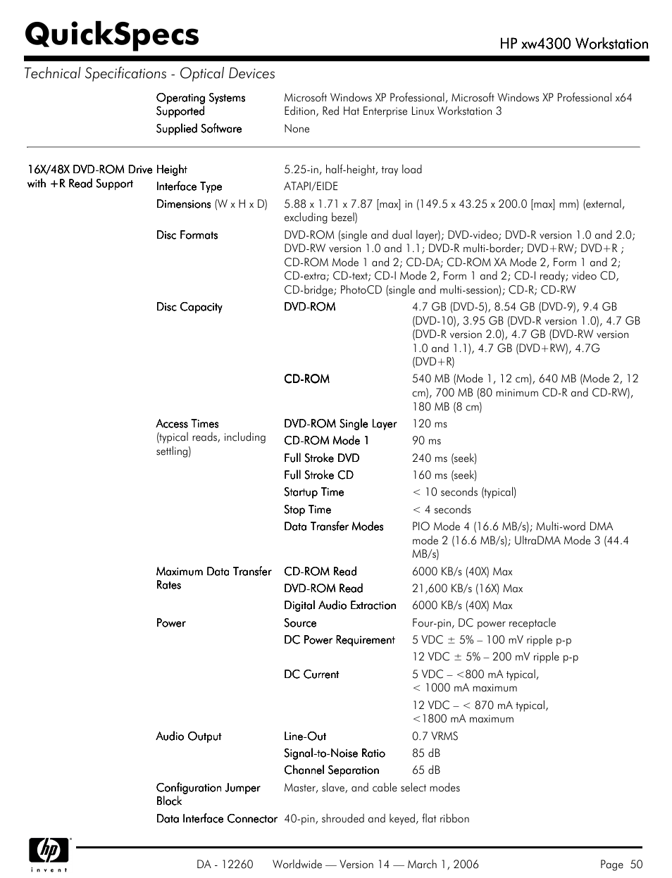 Quickspecs, Hp xw4300 workstation | HP XW4300 User Manual | Page 50 / 85