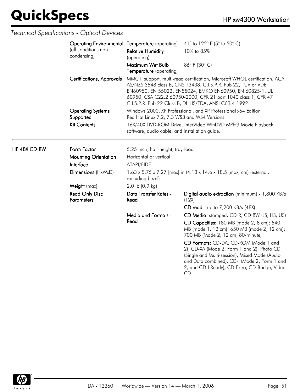 Quickspecs, Hp xw4300 workstation | HP XW4300 User Manual | Page 51 / 85