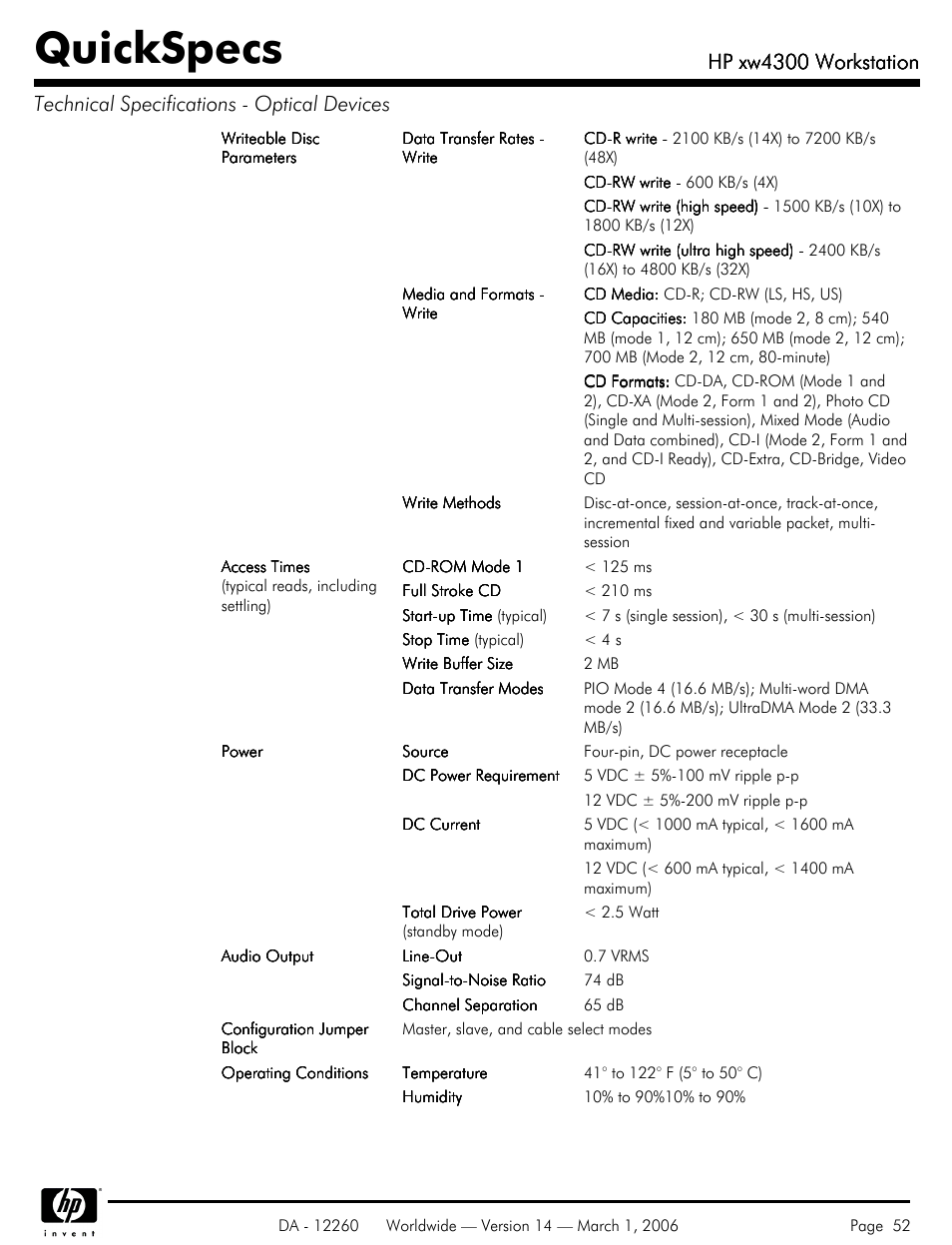 Quickspecs, Hp xw4300 workstation | HP XW4300 User Manual | Page 52 / 85