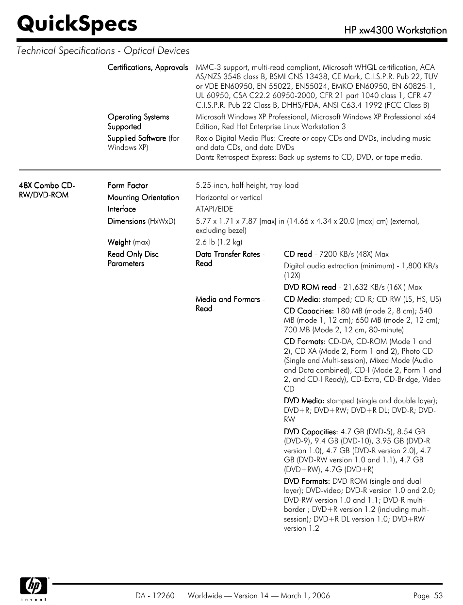 Quickspecs, Hp xw4300 workstation | HP XW4300 User Manual | Page 53 / 85