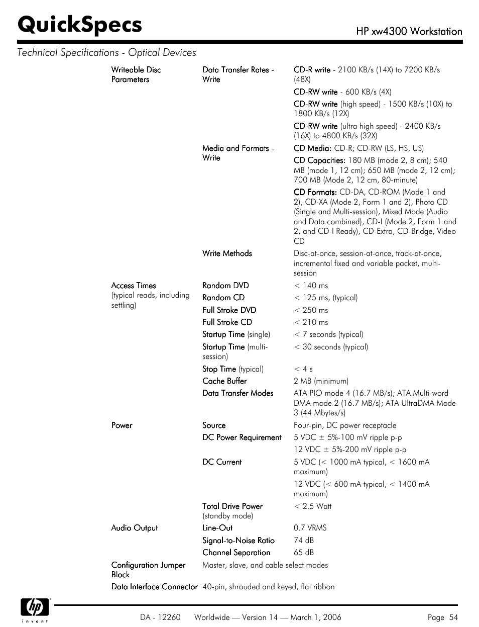 Quickspecs, Hp xw4300 workstation | HP XW4300 User Manual | Page 54 / 85