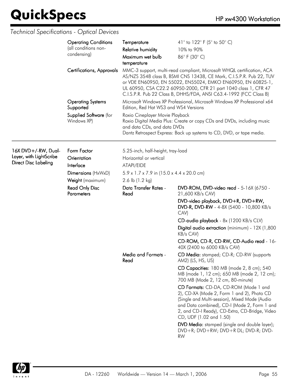 Quickspecs, Hp xw4300 workstation | HP XW4300 User Manual | Page 55 / 85