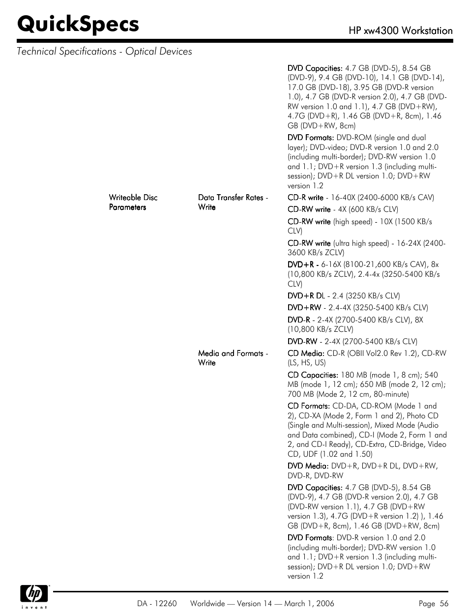 Quickspecs, Hp xw4300 workstation | HP XW4300 User Manual | Page 56 / 85