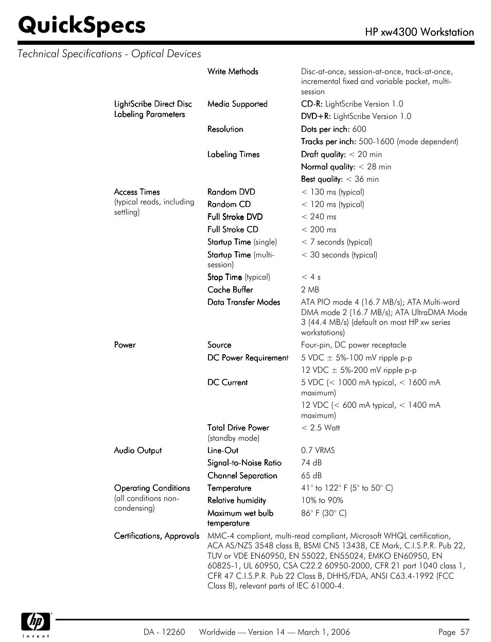 Quickspecs, Hp xw4300 workstation | HP XW4300 User Manual | Page 57 / 85