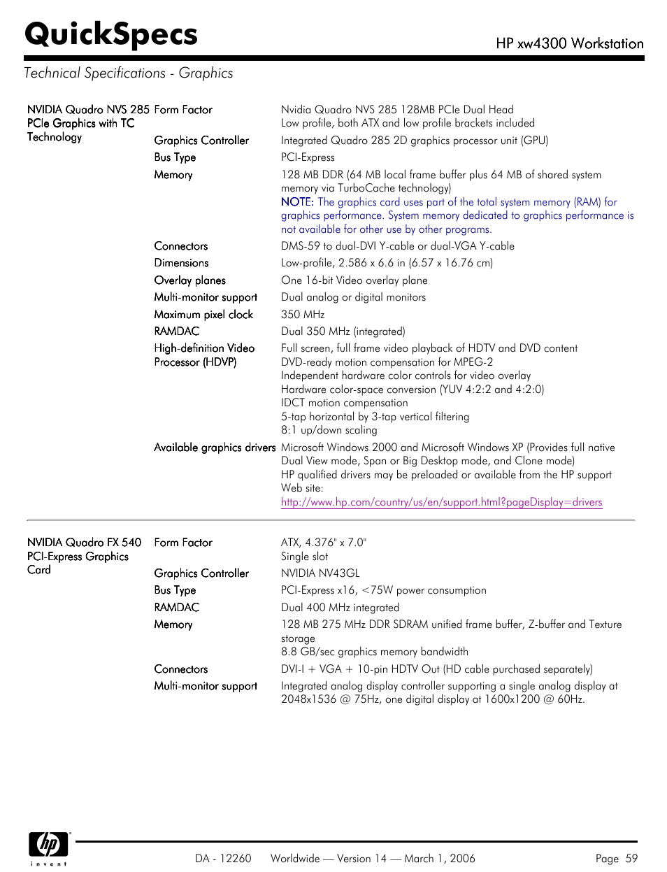 Technical specifications - graphics, Quickspecs, Hp xw4300 workstation | HP XW4300 User Manual | Page 59 / 85