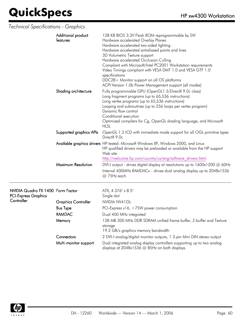 Quickspecs, Hp xw4300 workstation | HP XW4300 User Manual | Page 60 / 85