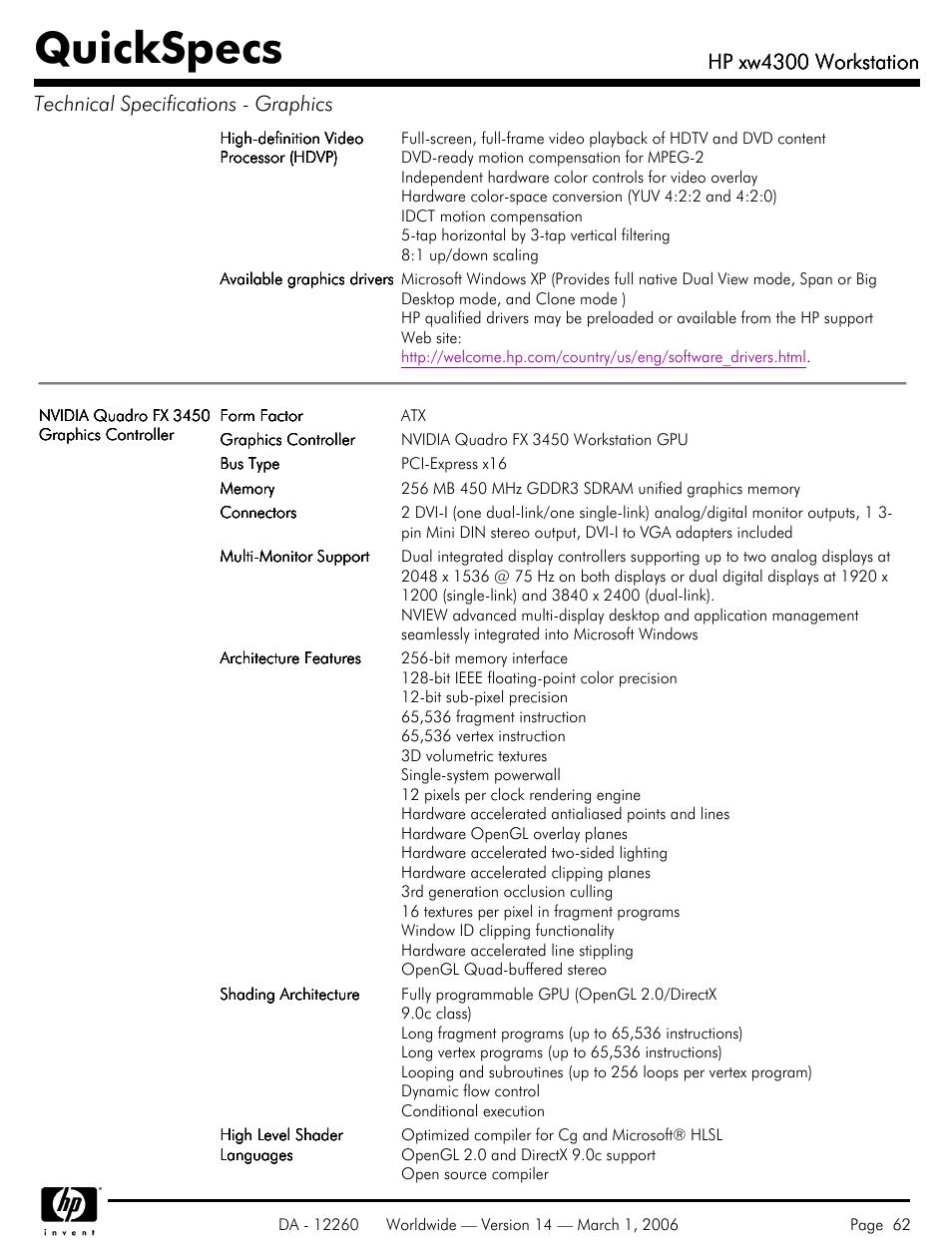 Quickspecs, Hp xw4300 workstation | HP XW4300 User Manual | Page 62 / 85