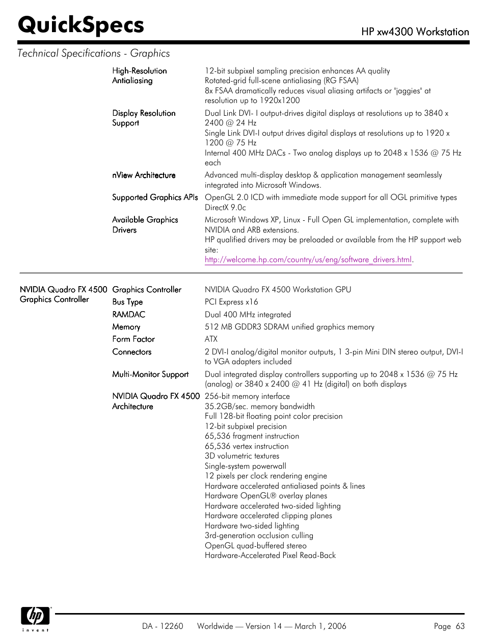 Quickspecs, Hp xw4300 workstation | HP XW4300 User Manual | Page 63 / 85
