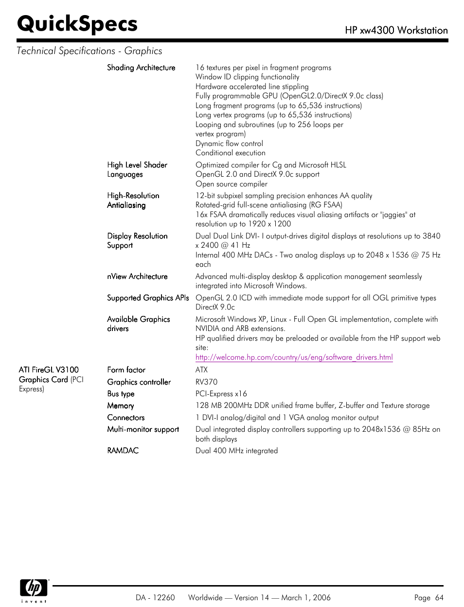 Quickspecs, Hp xw4300 workstation | HP XW4300 User Manual | Page 64 / 85