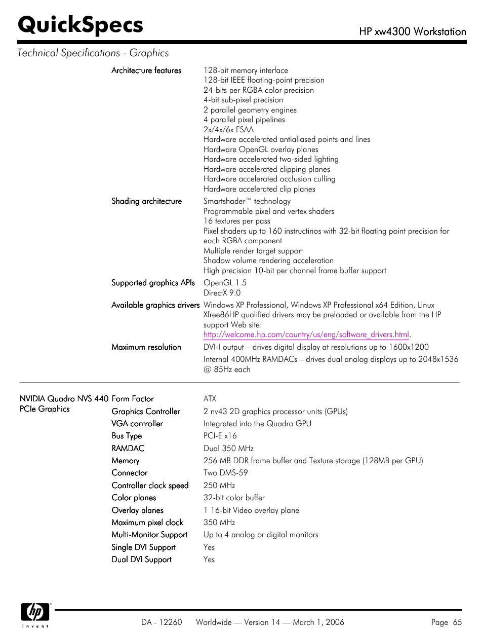 Quickspecs, Hp xw4300 workstation | HP XW4300 User Manual | Page 65 / 85