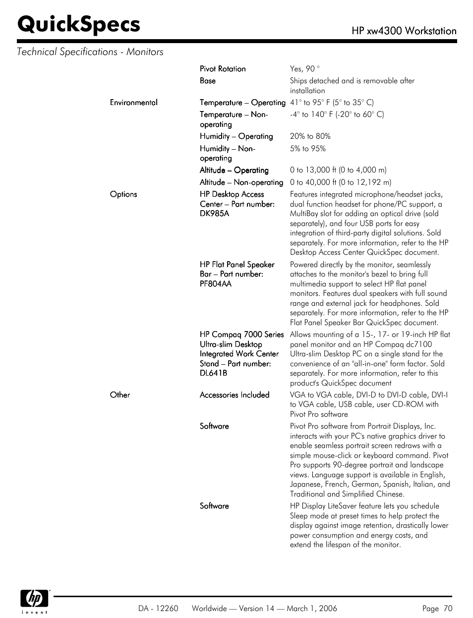 Quickspecs, Hp xw4300 workstation | HP XW4300 User Manual | Page 70 / 85