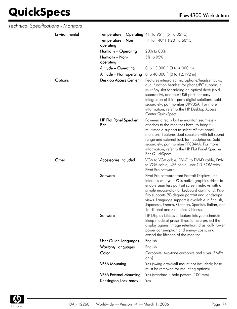 Quickspecs, Hp xw4300 workstation | HP XW4300 User Manual | Page 74 / 85