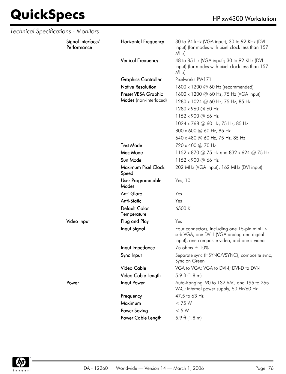 Quickspecs, Hp xw4300 workstation | HP XW4300 User Manual | Page 76 / 85