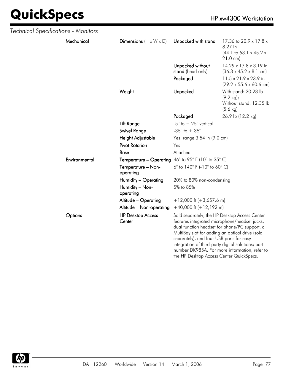 Quickspecs, Hp xw4300 workstation | HP XW4300 User Manual | Page 77 / 85