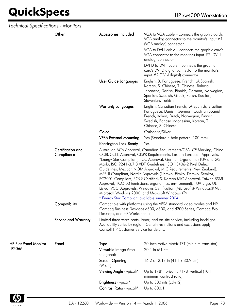 Quickspecs, Hp xw4300 workstation | HP XW4300 User Manual | Page 78 / 85